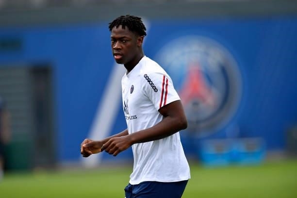 El Chadaille Bitshiabu of Paris Saint-Germain warms up before the friendly match between Paris Saint-Germain and FC Chambly at Ooredoo Center on July...