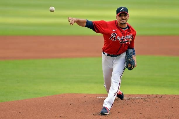 Charlie Morton of the Atlanta Braves pitches against the Tampa Bay Rays at Truist Park on July 16, 2021 in Atlanta, Georgia.