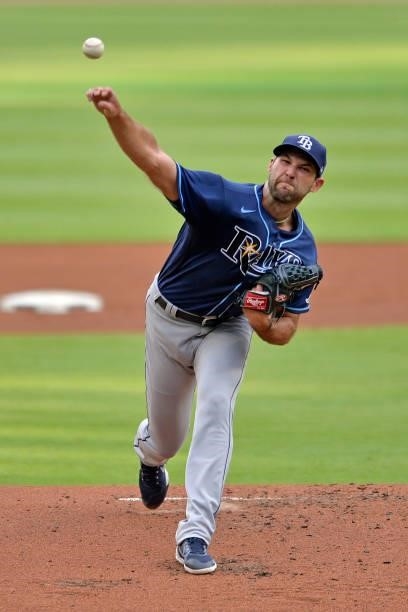 Michael Wacha of the Tampa Bay Rays pitches against the Atlanta Braves at Truist Park on July 16, 2021 in Atlanta, Georgia.