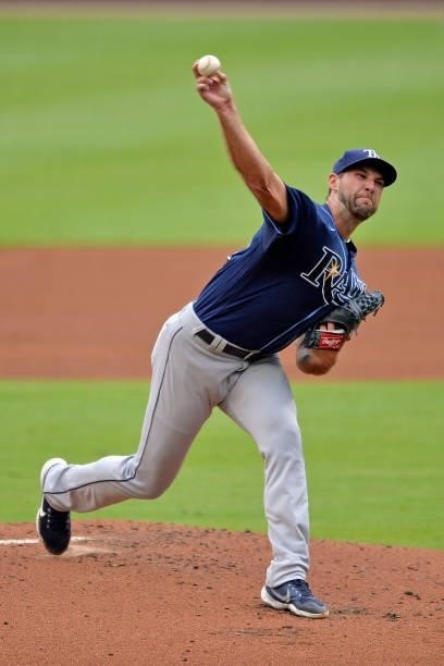 Michael Wacha of the Tampa Bay Rays pitches against the Atlanta Braves at Truist Park on July 16, 2021 in Atlanta, Georgia.