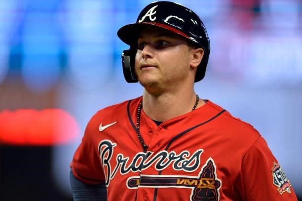 Joc Pederson of the Atlanta Braves returns to the dugout during a game against the Tampa Bay Rays at Truist Park on July 16, 2021 in Atlanta, Georgia.