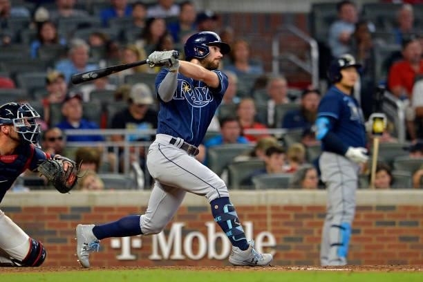 Brandon Lowe of the Tampa Bay Rays bats during a game against the Atlanta Braves at Truist Park on July 16, 2021 in Atlanta, Georgia.