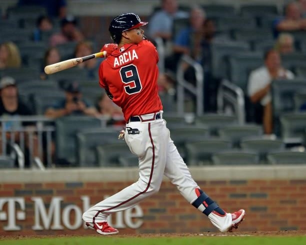 Orlando Arcia of the Atlanta Braves bats during a game against the Tampa Bay Rays at Truist Park on July 16, 2021 in Atlanta, Georgia.