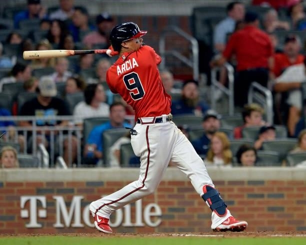 Orlando Arcia of the Atlanta Braves bats during a game against the Tampa Bay Rays at Truist Park on July 16, 2021 in Atlanta, Georgia.