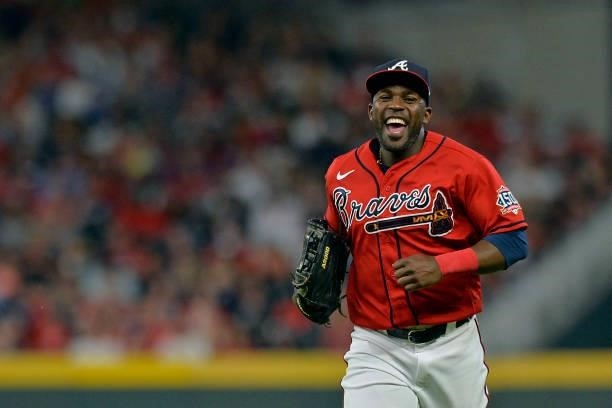 Guillermo Heredia of the Atlanta Braves jogs off of the field during a game against the Tampa Bay Rays at Truist Park on July 16, 2021 in Atlanta,...