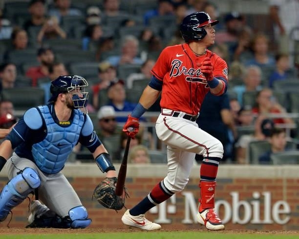 Ehire Adrianza of the Atlanta Braves bats against the Tampa Bay Rays at Truist Park on July 16, 2021 in Atlanta, Georgia.