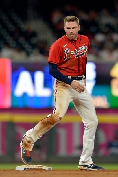 Freddie Freeman of the Atlanta Braves looks back at the dugout after stealing second base during a game against the Tampa Bay Rays at Truist Park on...