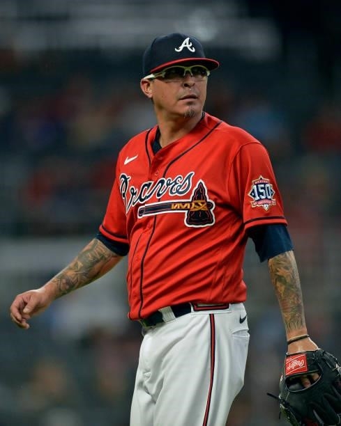 Jesse Chavez of the Atlanta Braves walks off of the field during a game against the Tampa Bay Rays at Truist Park on July 16, 2021 in Atlanta,...