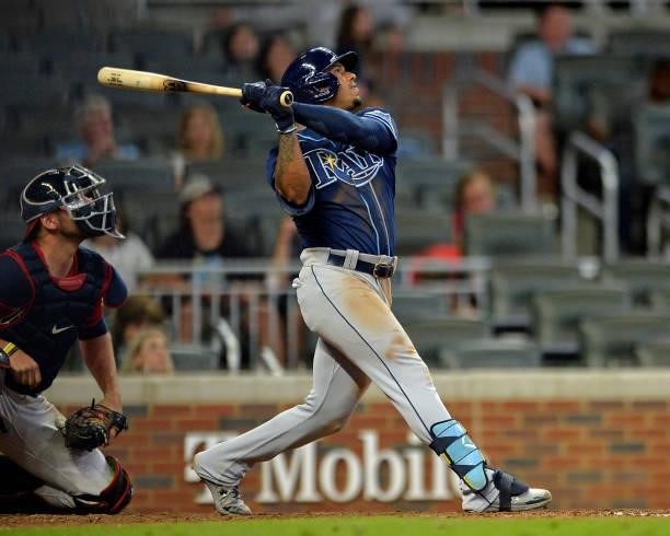 Wander Franco of the Tampa Bay Rays bats during a game against the Atlanta Braves at Truist Park on July 16, 2021 in Atlanta, Georgia.