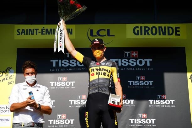 Wout Van Aert of Belgium and Team Jumbo-Visma Most Combative Rider celebrates at podium during the 108th Tour de France 2021, Stage 20 a 30,8km...