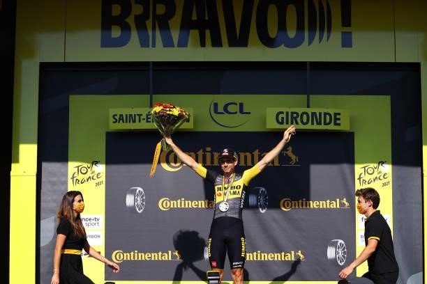 Wout Van Aert of Belgium and Team Jumbo-Visma stage winner celebrates at podium during the 108th Tour de France 2021, Stage 20 a 30,8km Individual...