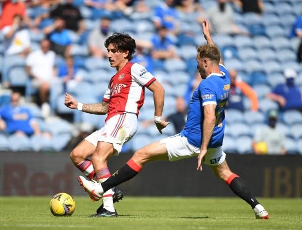 Hector Bellerin of Arsenal takes on Scott Airfield of Rangers during the pre season friendly between Rangers and Arsenal at Ibrox Stadium on July 17,...