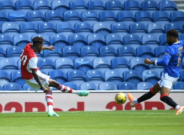 Nuno Tavares scores the1st Arsenal during the pre season friendly between Rangers and Arsenal at Ibrox Stadium on July 17, 2021 in Glasgow, Scotland.