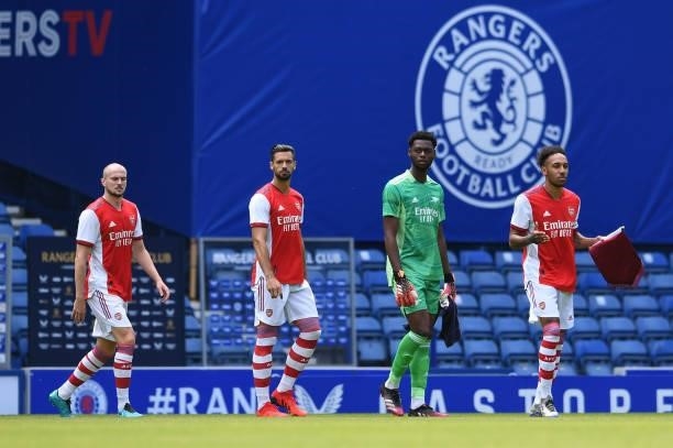Rob Holding, Pablo Mari, Arthur Okonkwo and Pierre-Emerick Aubameyang of Arsenal walk on to the pitch before the pre season match between Glasgow...