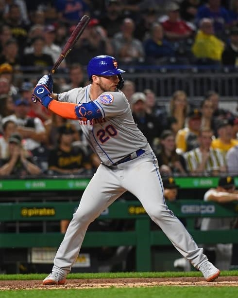 Pete Alonso of the New York Mets in action during the game against the Pittsburgh Pirates at PNC Park on July 16, 2021 in Pittsburgh, Pennsylvania.