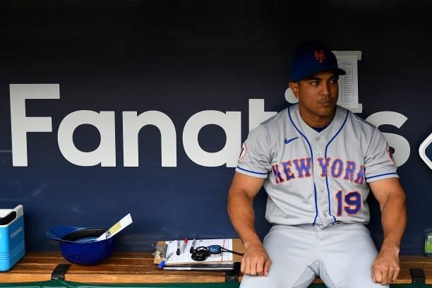 Luis Rojas of the New York Mets sits in the dugout before the game against the Pittsburgh Pirates at PNC Park on July 16, 2021 in Pittsburgh,...