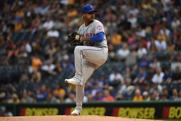 Marcus Stroman of the New York Mets in action during the game against the Pittsburgh Pirates at PNC Park on July 16, 2021 in Pittsburgh, Pennsylvania.