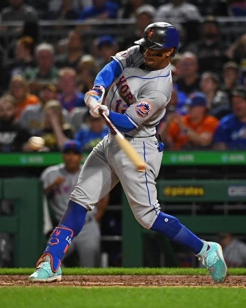 Francisco Lindor of the New York Mets in action during the game against the Pittsburgh Pirates at PNC Park on July 16, 2021 in Pittsburgh,...