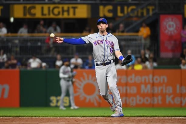 Jeff McNeil of the New York Mets in action during the game against the Pittsburgh Pirates at PNC Park on July 16, 2021 in Pittsburgh, Pennsylvania.