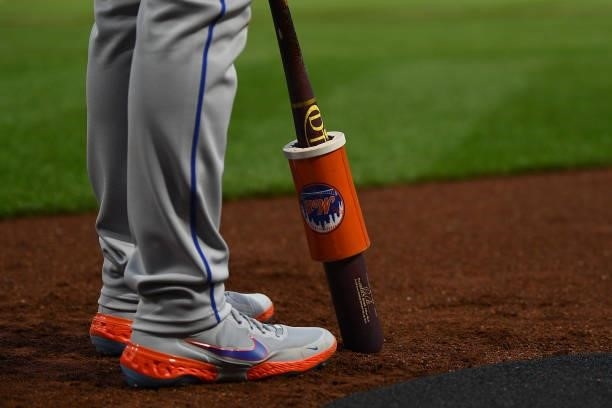 Detailed view of the Nike Baseball Cleats and the Dove Tail Bat used by Pete Alonso of the New York Mets during the game against the Pittsburgh...