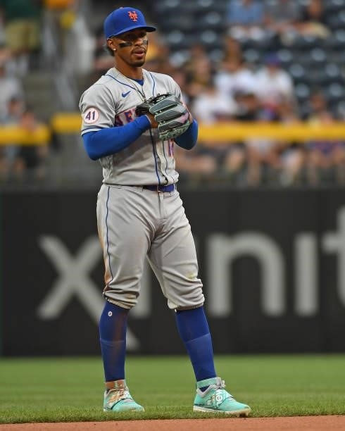 Francisco Lindor of the New York Mets in action during the game against the Pittsburgh Pirates at PNC Park on July 16, 2021 in Pittsburgh,...