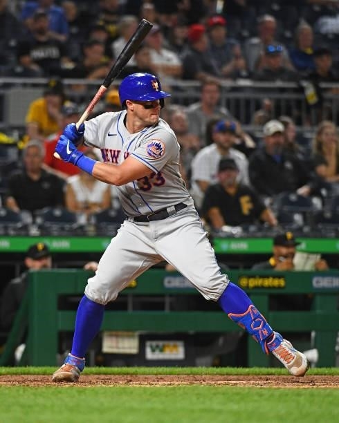 James McCann of the New York Mets in action during the game against the Pittsburgh Pirates at PNC Park on July 16, 2021 in Pittsburgh, Pennsylvania.