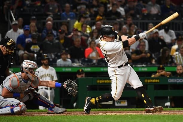 John Nogowski of the Pittsburgh Pirates in action during the game against the New York Mets at PNC Park on July 16, 2021 in Pittsburgh, Pennsylvania.