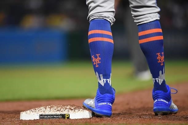 Detailed view of the Under Armour Cleats and Stance Socks worn by Brandon Nimmo of the New York Mets during the game against the Pittsburgh Pirates...
