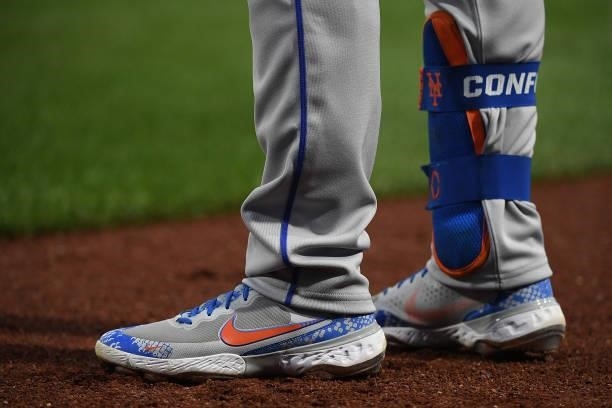 Detailed view of the Nike Baseball Cleats worn by Michael Conforto of the New York Mets during the game against the Pittsburgh Pirates at PNC Park on...