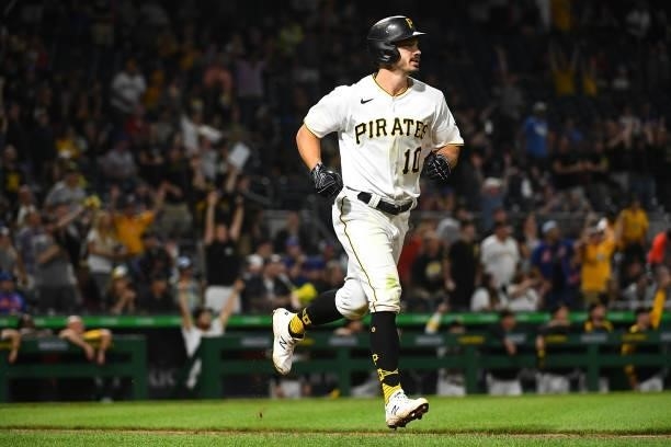 Bryan Reynolds of the Pittsburgh Pirates rounds the bases after hitting a solo home run in the seventh inning during the game against the New York...