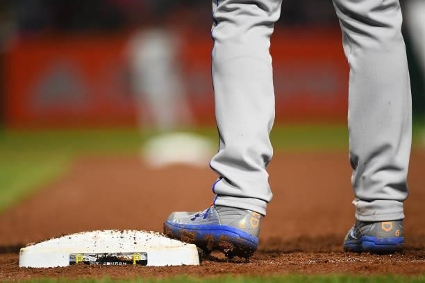 Detailed view of the Under Armour Cleats worn by Jeff McNeil of the New York Mets during the game against the Pittsburgh Pirates at PNC Park on July...