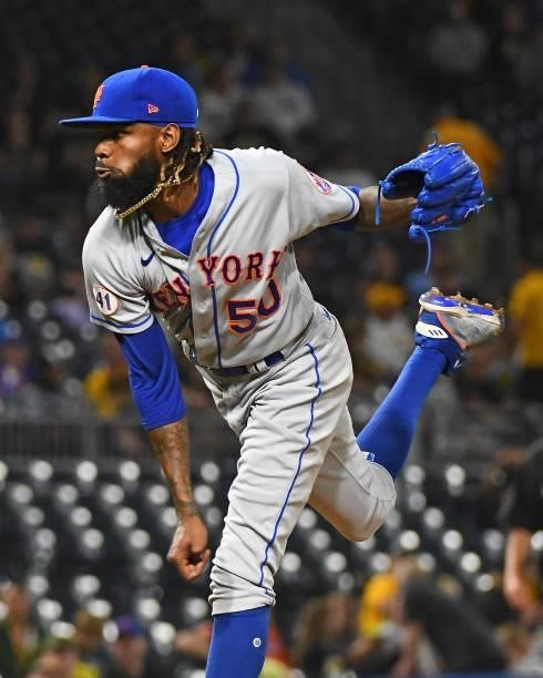 Miguel Castro of the New York Mets in action during the game against the Pittsburgh Pirates at PNC Park on July 16, 2021 in Pittsburgh, Pennsylvania.