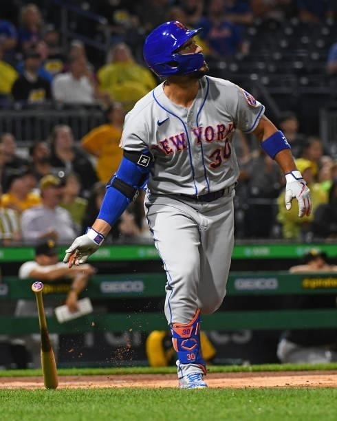 Michael Conforto of the New York Mets in action during the game against the Pittsburgh Pirates at PNC Park on July 16, 2021 in Pittsburgh,...
