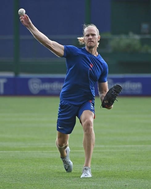 Noah Syndergaard of the New York Mets throws during batting practice before the game against the Pittsburgh Pirates at PNC Park on July 16, 2021 in...