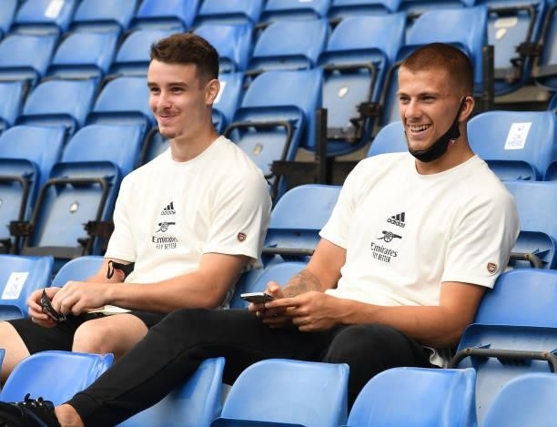 James Hillson and Harry Clarke of Arsenal before the pre season match between Glasgow Rangers and Arsenal at Ibrox Stadium on July 17, 2021 in...