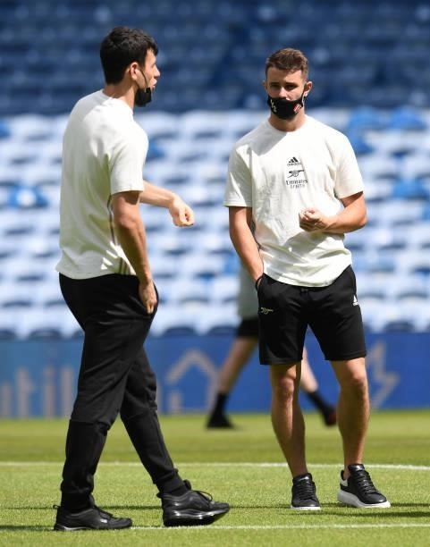 Tom Smith and James Hillson of Arsenal before the pre season match between Glasgow Rangers and Arsenal at Ibrox Stadium on July 17, 2021 in Glasgow,...