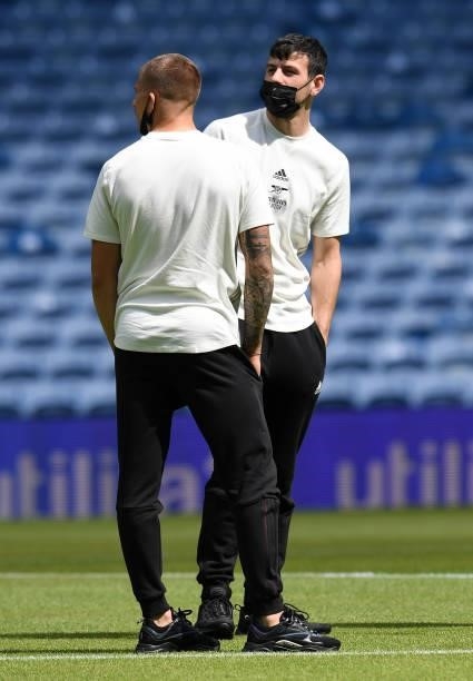 Tom Smith and Harry Clarke of Arsenal before the pre season match between Glasgow Rangers and Arsenal at Ibrox Stadium on July 17, 2021 in Glasgow,...