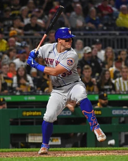 James McCann of the New York Mets in action during the game against the Pittsburgh Pirates at PNC Park on July 16, 2021 in Pittsburgh, Pennsylvania.