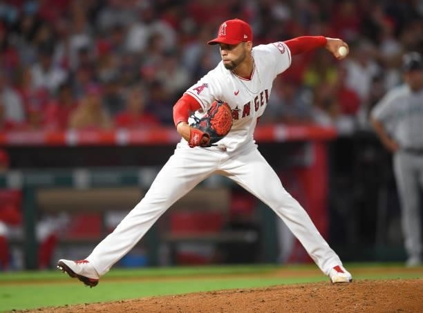 Alex Claudio of the Los Angeles Angels pitches during the game against the Seattle Mariners at Angel Stadium of Anaheim on July 16, 2021 in Anaheim,...