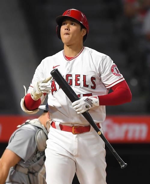 Shohei Ohtani of the Los Angeles Angels at bat in the game against the Seattle Mariners at Angel Stadium of Anaheim on July 16, 2021 in Anaheim,...