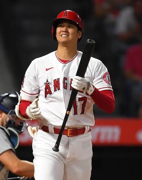 Shohei Ohtani of the Los Angeles Angels at bat in the game against the Seattle Mariners at Angel Stadium of Anaheim on July 16, 2021 in Anaheim,...