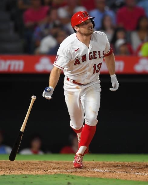 Phil Gosselin of the Los Angeles Angels at bat in the game against the Seattle Mariners at Angel Stadium of Anaheim on July 16, 2021 in Anaheim,...