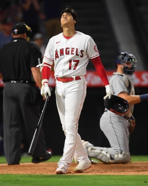 Shohei Ohtani of the Los Angeles Angels at bat in the ninth inning against the Seattle Mariners at Angel Stadium of Anaheim on July 16, 2021 in...