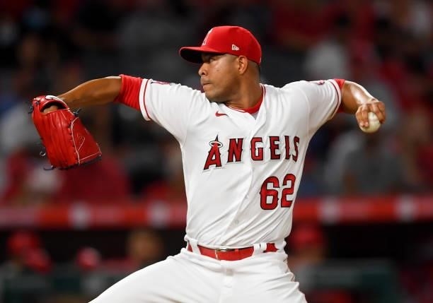 Jose Quintana of the Los Angeles Angels pitches in the game against the Seattle Mariners at Angel Stadium of Anaheim on July 16, 2021 in Anaheim,...