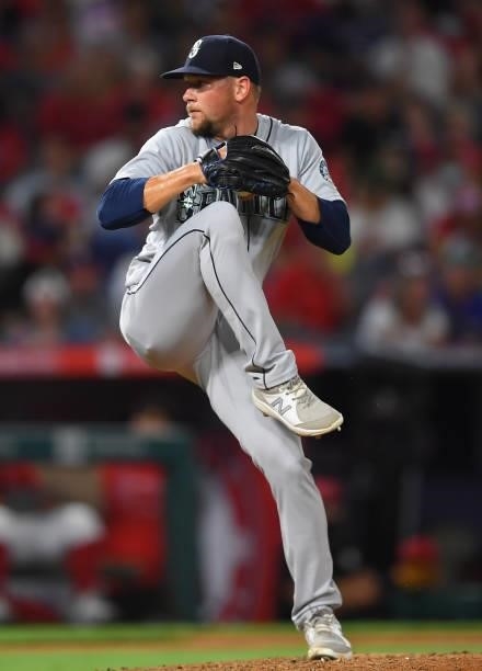 Anthony Misiewicz of the Seattle Mariners pitches during the game against the Los Angeles Angels at Angel Stadium of Anaheim on July 16, 2021 in...