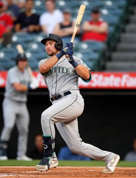 Cal Raleigh of the Seattle Mariners at bat during the game against the Los Angeles Angels at Angel Stadium of Anaheim on July 16, 2021 in Anaheim,...