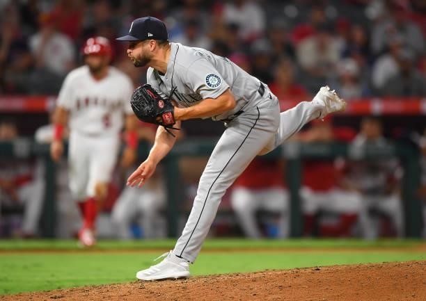 Kendall Graveman of the Seattle Mariners pitches during the game against the Los Angeles Angels at Angel Stadium of Anaheim on July 16, 2021 in...