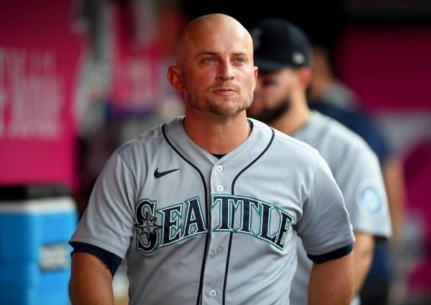 Kyle Seager of the Seattle Mariners in the dugout during the game against the Los Angeles Angels at Angel Stadium of Anaheim on July 16, 2021 in...