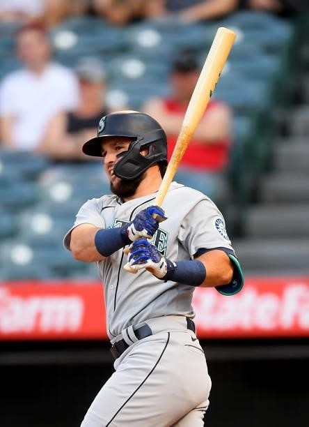 Luis Torrens of the Seattle Mariners at bat during the game against the Los Angeles Angels at Angel Stadium of Anaheim on July 16, 2021 in Anaheim,...