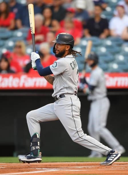 Crawford of the Seattle Mariners at bat during the game against the Los Angeles Angels at Angel Stadium of Anaheim on July 16, 2021 in Anaheim,...